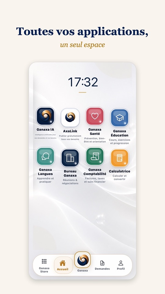 L’accueil de Ganaxa avec toutes vos applications